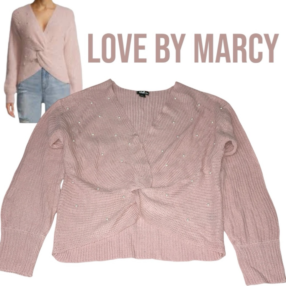 Love by Marcy Pink Twist Front Faux Pearl V-Neck Lightweight Sweater Women’s 1X